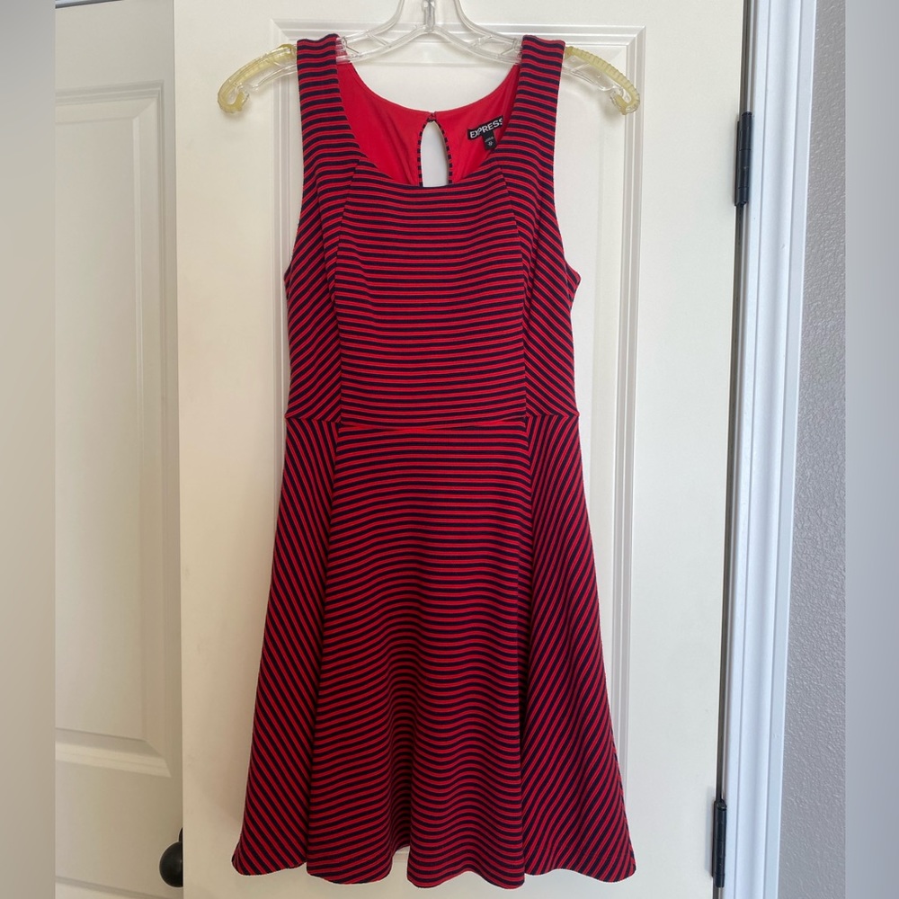 Express fit and flare Navy / Red striped mini dress XS